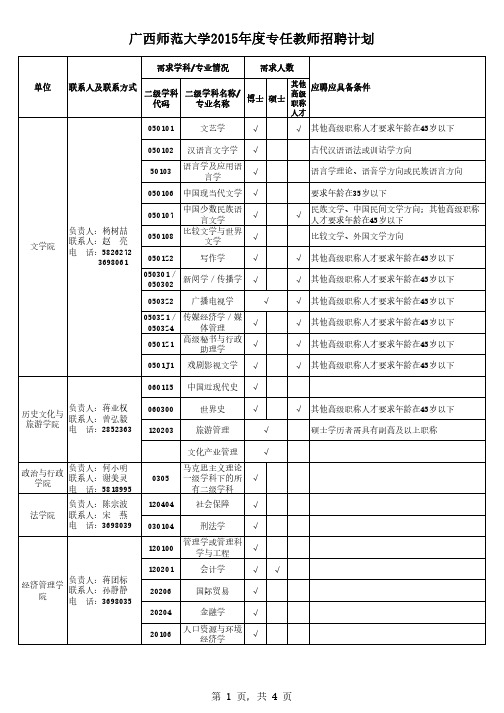 广西师范大学2015年度专任教师招聘计划