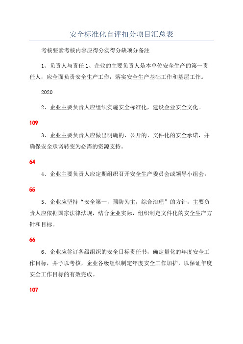 安全标准化自评扣分项目汇总表