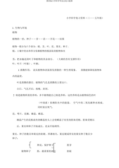 教科版小学科学毕业总复习提纲