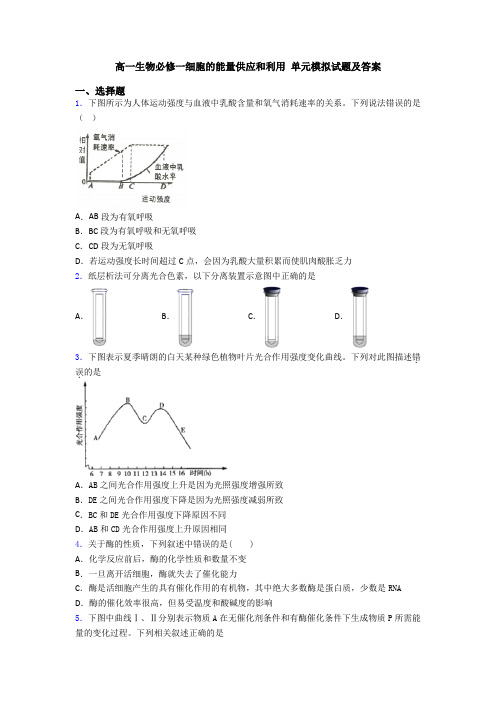 高一生物必修一细胞的能量供应和利用 单元模拟试题及答案