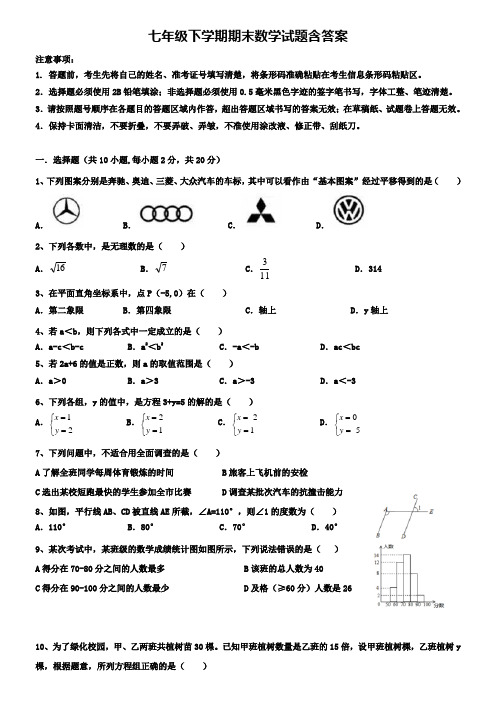 (数学试卷13份合集)上海市浦东新区名校2018-2019学年七下数学期末模拟试卷