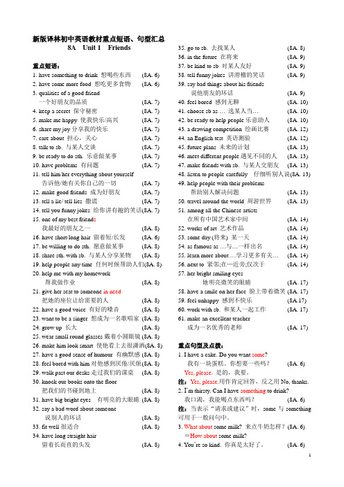 译林版初中英语重点短语、句型归纳8A-9B