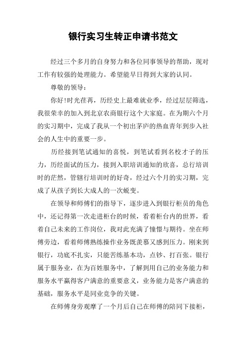 银行实习生转正申请书范文