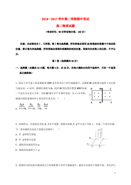 安徽省蚌埠市高二物理下学期期中试题