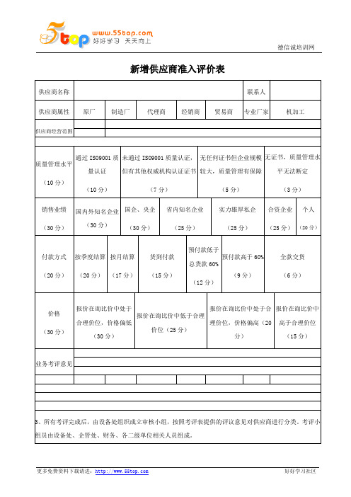 新增供应商准入评价表