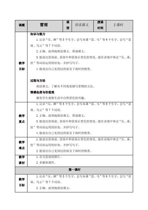 最新人教部编版二年级语文下册16 雷雨教案-精品