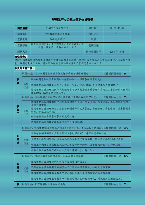 印刷生产办公室主任职位说明书