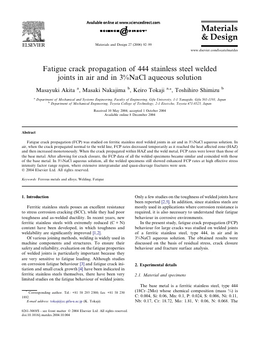 Fatigue crack propagation of 444 stainless steel welded joints in air and in 3%NaCl aqueous solution