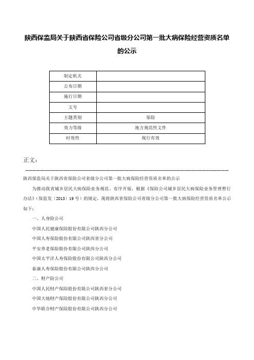 陕西保监局关于陕西省保险公司省级分公司第一批大病保险经营资质名单的公示-