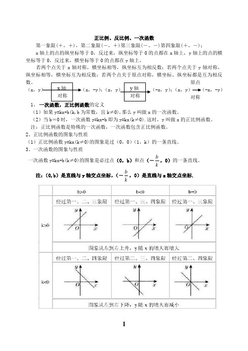 初二数学正比例反比例一次函数知识点总结