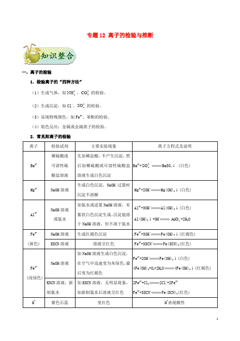 备战高考化学考点一遍过专题12离子的检验与推断