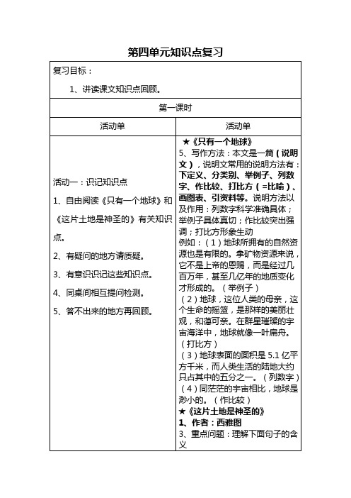 (人教新课标)六年级语文上册第四单元复习教案
