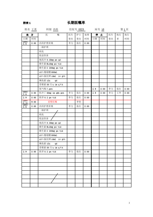 附表1                           长期医嘱单