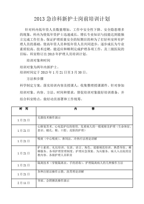 2013急诊科新护士岗前培训计划