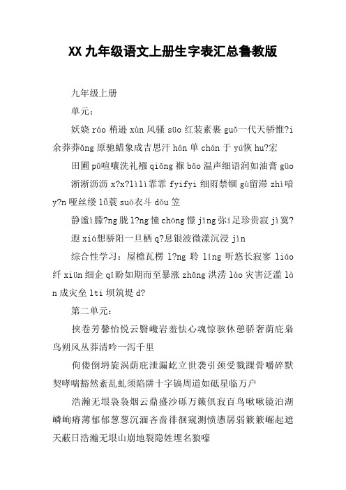 XX九年级语文上册生字表汇总鲁教版