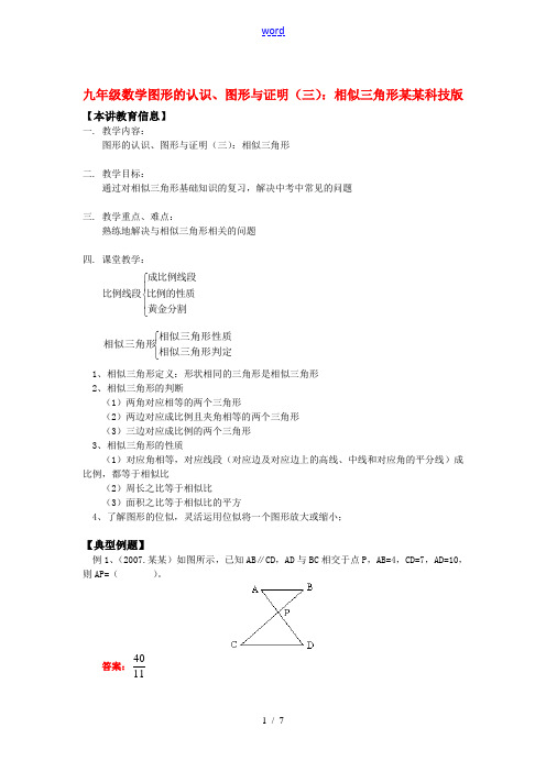 九年级数学图形的认识、图形与证明(三)：相似三角形上海科技版知识精讲