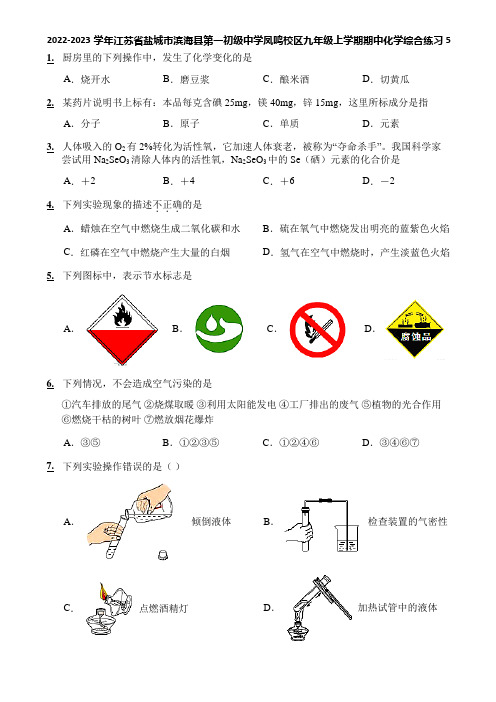 2022-2023学年江苏省盐城市滨海县第一初级中学凤鸣校区九年级上学期期中化学综合练习5