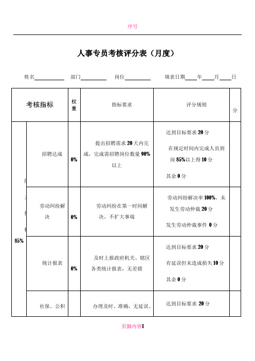 人事专员绩效考核表