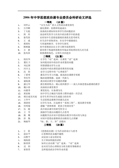 2006年中学思想政治课专业委员会科研论文评选