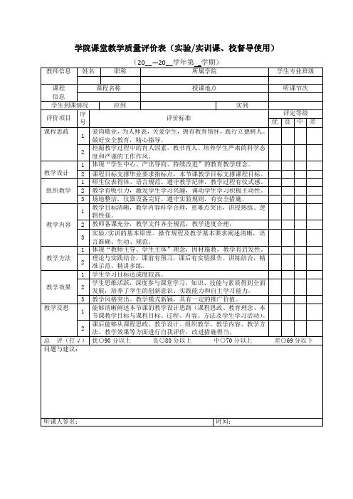 学院课堂教学质量评价表(实验实训课、校督导使用)