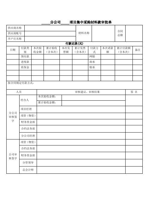 集中采购材料付款审批表