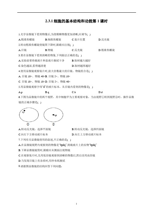 2.3.1细胞的基本结构和功能第1课时—2022-2023学年北师大版生物七年级上册一课一练