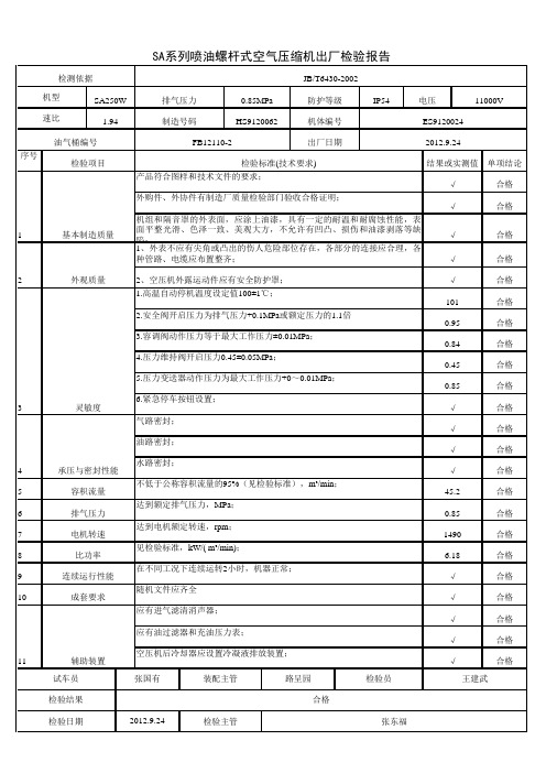 SA系列喷油螺杆式空气压缩机出厂检验报告