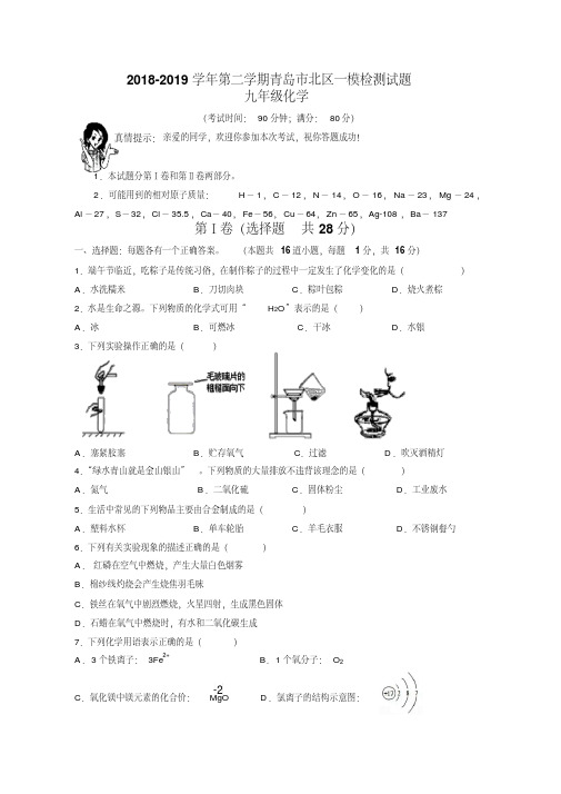 2018-2019学年第二学期青岛市北区一模检测试试题九年级化学