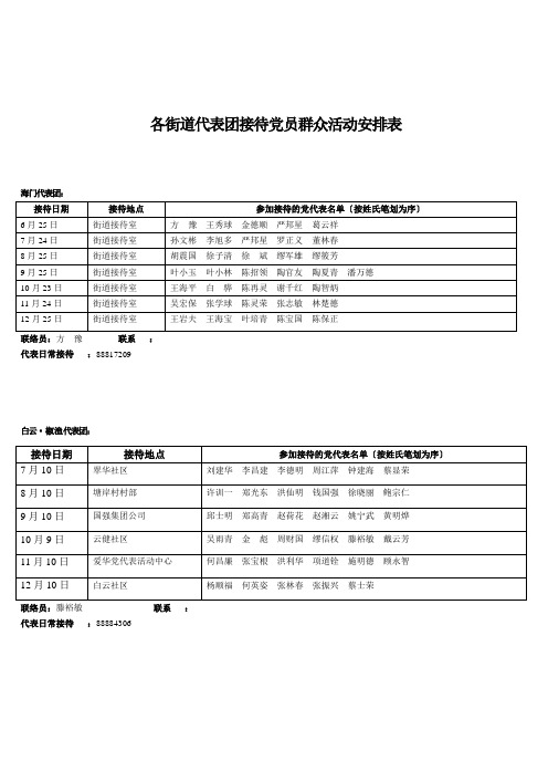 各街道代表团接待党员群众活动安排表