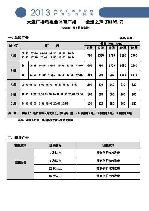 体育广播2013价格表