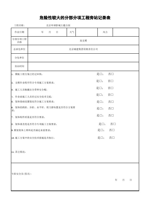 高支模危险性较大的分项分部工程旁站记录表