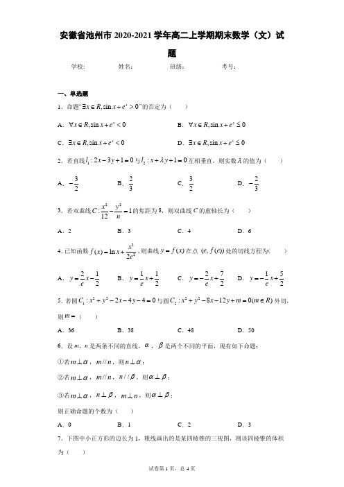 安徽省池州市2020-2021学年高二上学期期末数学(文)试题