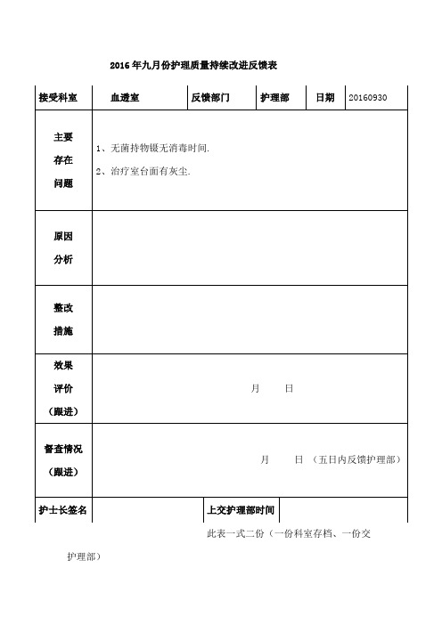 血透室护理质量持续改进反馈表