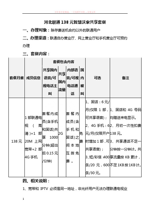 河北联通138元智慧沃家共享套餐