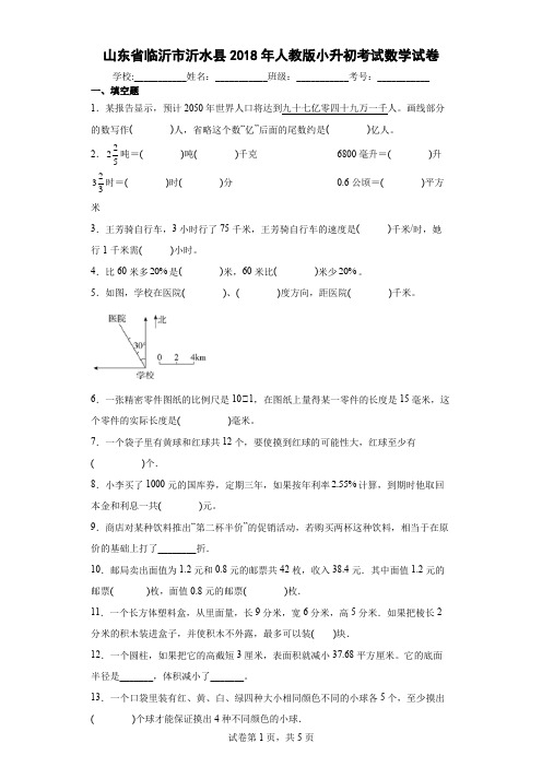 山东省临沂市沂水县2018年人教版小升初考试数学试卷及参考答案