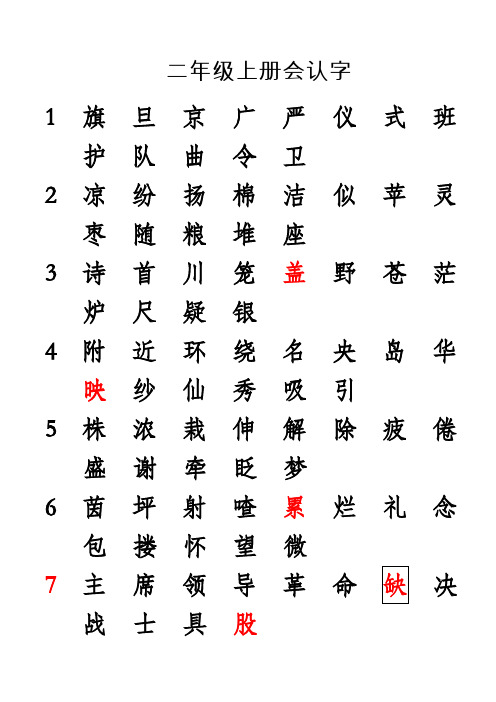 S版二年级语文上册生字-生字表一认字