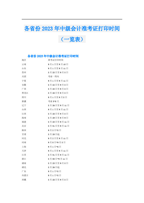 各省份2023年中级会计准考证打印时间(一览表)