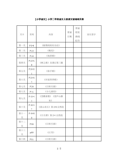 【小学语文】小学二年级语文上册课文背诵闯关表