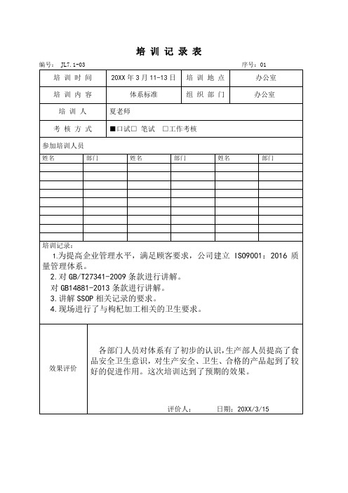 食品生产加工企业2015版ISO9001质量管理体系7.1培训记录表