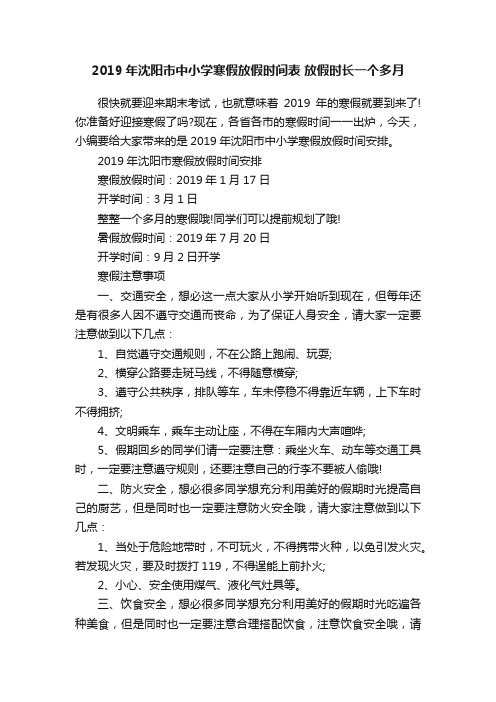 2019年沈阳市中小学寒假放假时间表放假时长一个多月