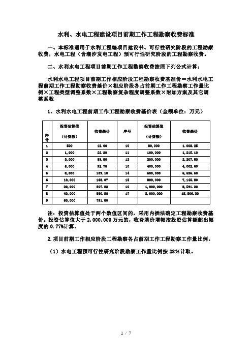 水利水电工程建设项目前期工作工程勘察收费标准