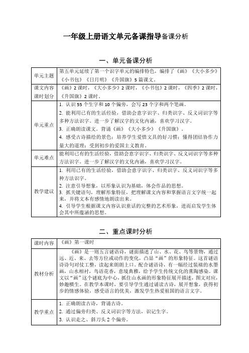 部编版一年级上册语文第五单元备课指导