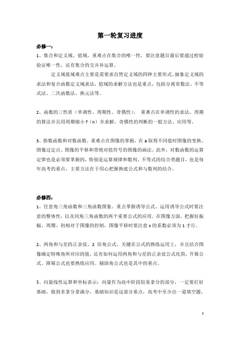 高三高考数学复习进度知识点检查表