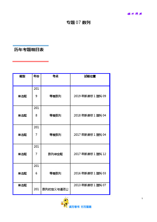 【必刷十年真题】专题07 数列-高考数学(理)(2010-2019)(新课标Ⅰ卷)(原卷版+解析版)