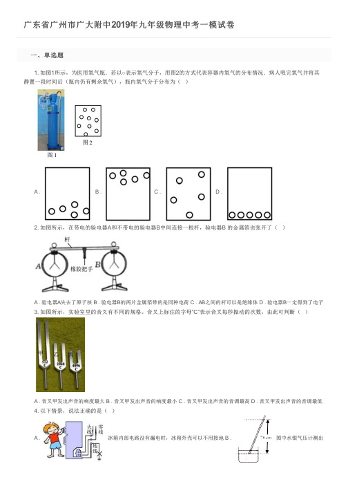 广东省广州市广大附中2019年九年级物理中考一模试卷及参考答案