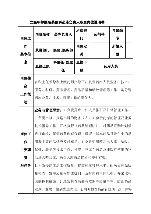 二级甲等医院药剂科药库负责人职责岗位说明书