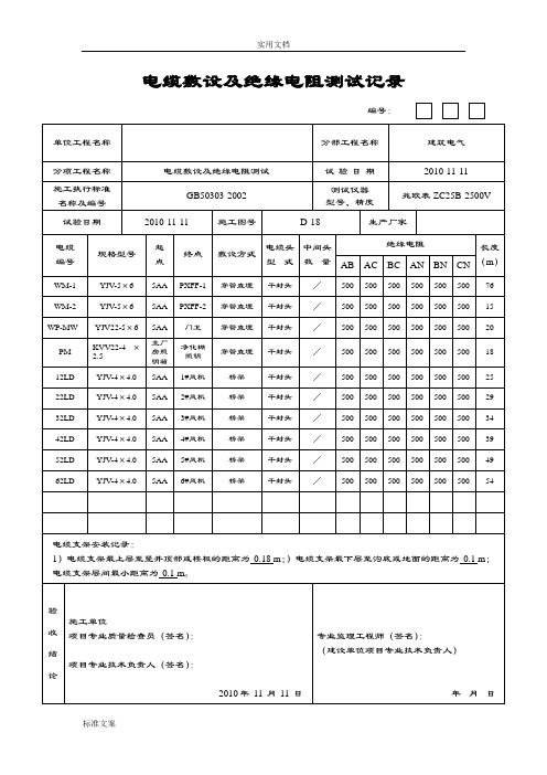 电缆绝缘电阻测试记录簿表