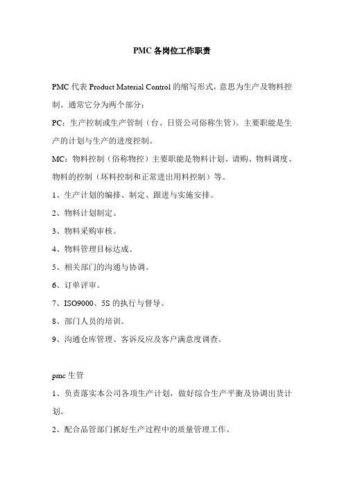 PMC各岗位工作职责
