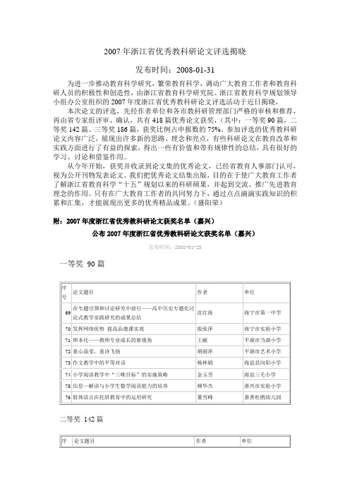 2007年浙江省优秀教科研论文评选揭晓