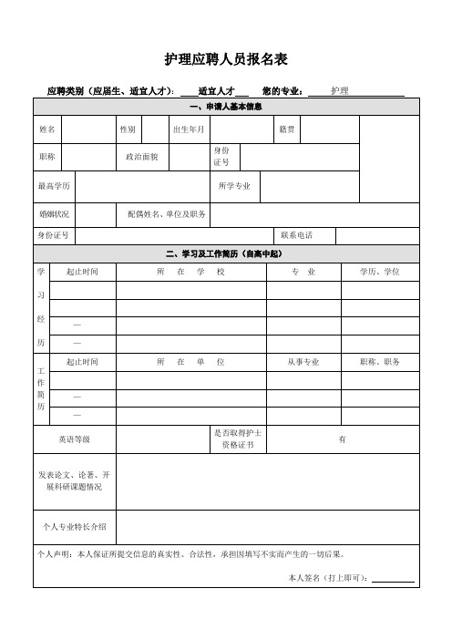 护理应聘人员报名表